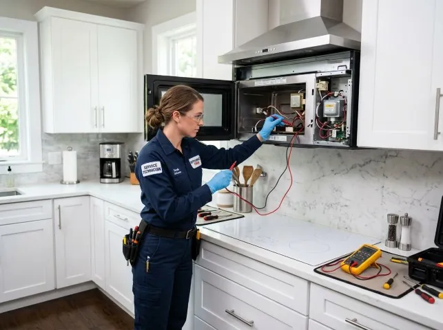 Appliance Repair Hero technician testing an over-the-range microwave in a Banks, OR kitchen